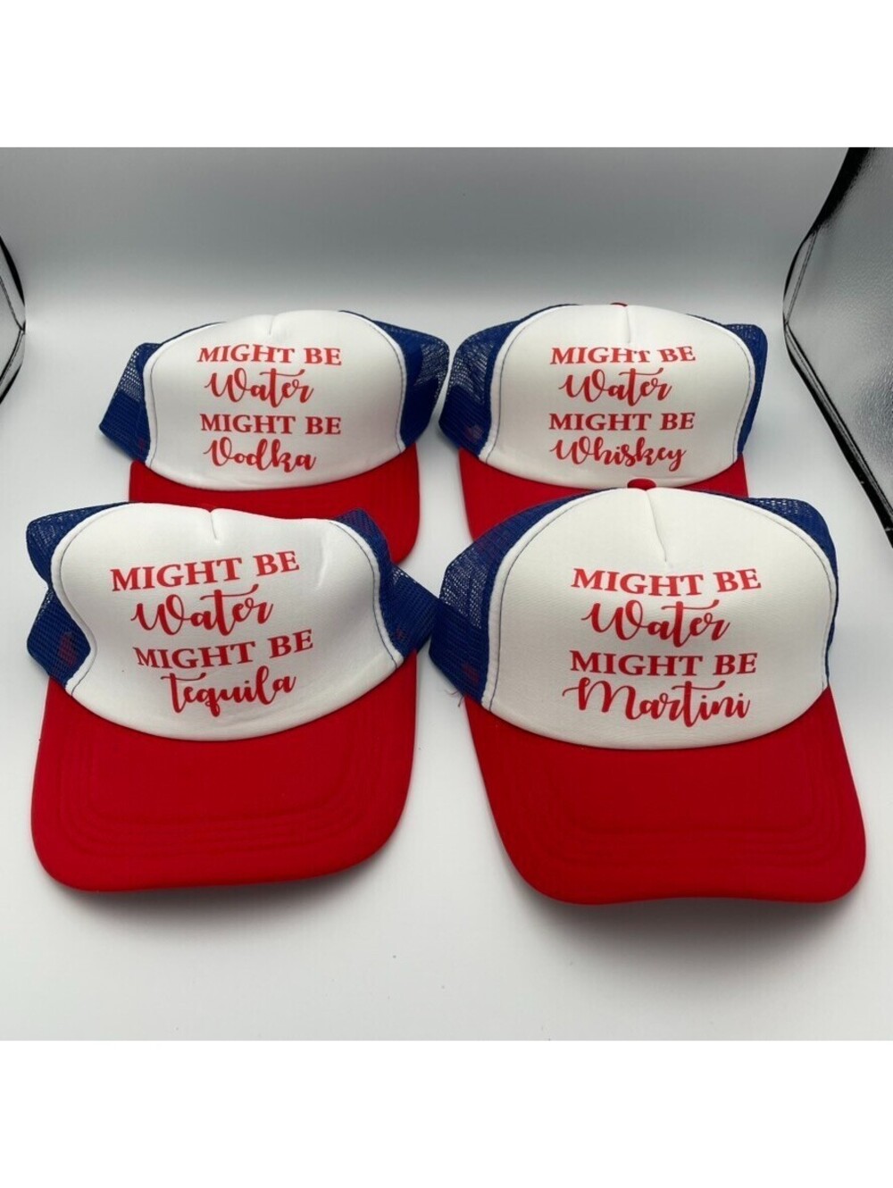 New JaGely 4pc Trucker Hat Set Unisex Red Blue Alcohol Drink Party Funny Gifts